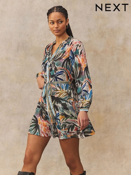 Green/Multicoloured Palm Print Boho Tie Waist Long Sleeve Mini Shirt Dress (AB6644) | £32