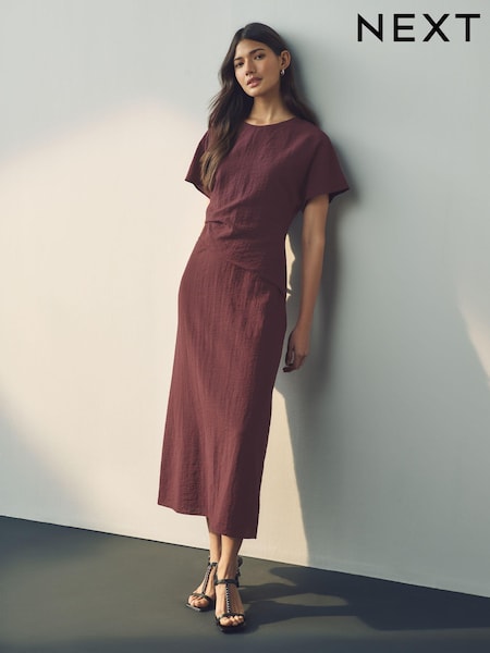 Burgundy Red Short Sleeve Drape Detail Midi Dress (AB6654) | £48