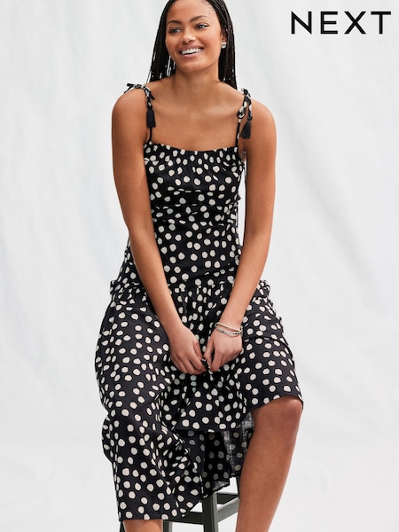 Black and White Spot Strappy Drop Waist Tiered Maxi Dress (AB6657) | £37