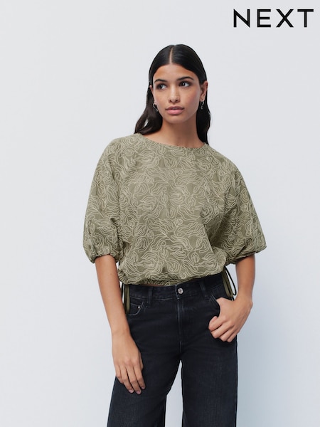 Sage Green Puff Sleeve Cornelli Detail Drawstring Top (AB6896) | £29