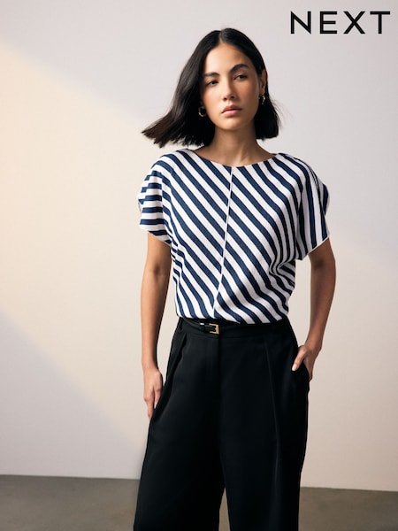 Navy/White Stripe Flutter Sleeve Textured Smart Top (AB6902) | £22