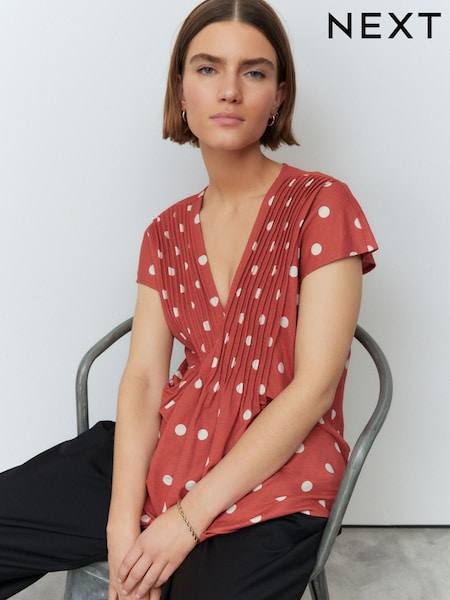 Rust/Ecru Polka Dot Pintuck V-Neck Top (AB6905) | £32
