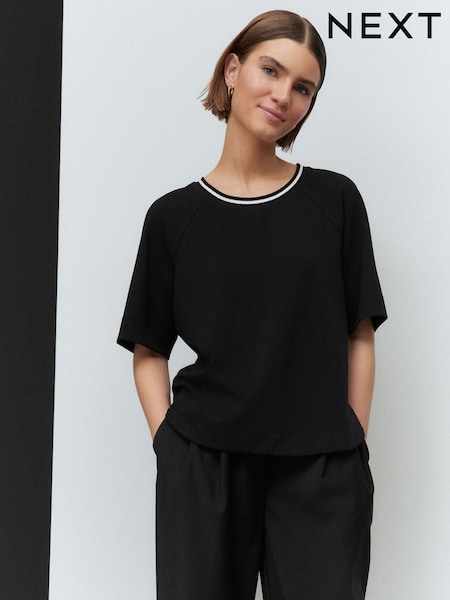 Black Contrast Neck Trim Crepe Boxy T-Shirt (AB6913) | £24