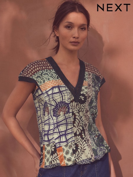 Blue Patch Print Short Sleeve Lace V-Neck Bubblehem 100% Cotton Top (AB6914) | £14.50