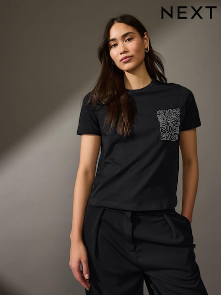 Black Embellished Pocket 100% Cotton T-Shirt (AB6921) | £24