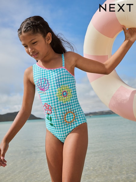 Green Embroidered Gingham One Shoulder Swimsuits (3-16yrs) (AB6979) | £16 - £21