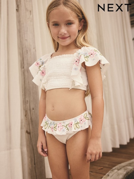 White Ruffle Embroidered Bikini (3-16yrs) (AB6990) | £20 - £26