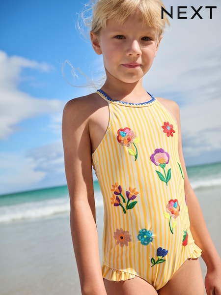 Yellow Stripe Embroidered Swimsuit (3-16yrs) (AB6996) | £16 - £21