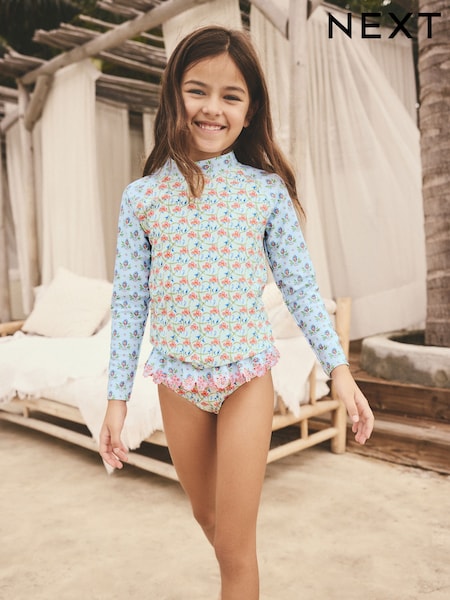 Blue Floral Print Long Sleeve Rash Vest Set (3-16yrs) (AB7016) | £18 - £23