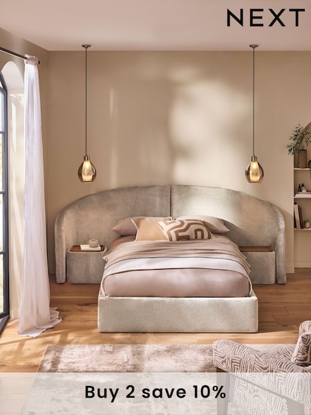 Plush Chenille Oyster Alderley Upholstered Ottoman Hotel Bed with Seating Bedsides (AB7057) | £1,499 - £1,599