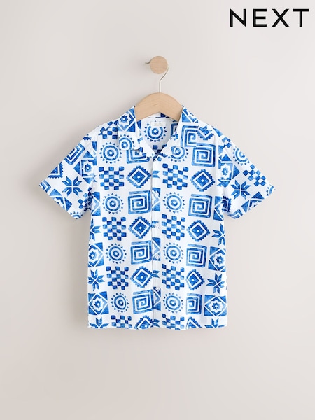 Blue/White Tile Print Short Sleeve Printed Shirt (3-16yrs) (AB7072) | £13 - £18