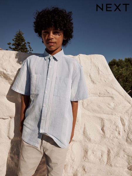 Pale Blue Short Sleeve Linen Blend Stripe Shirt (3-16yrs) (AB7073) | £13 - £18