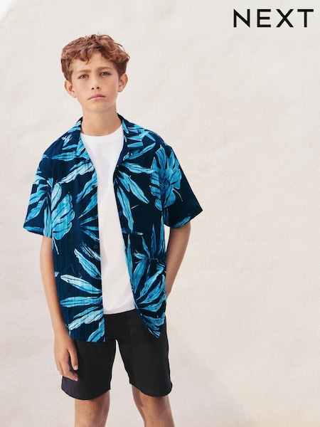 Navy Blue Short Sleeves Revere Collar Palm Printed Shirt (3-16yrs) (AB7086) | £13 - £18
