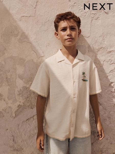 Ecru Palm Back Print Short Sleeves Revere Collar Palm Printed Shirt (3-16yrs) (AB7089) | £14 - £19