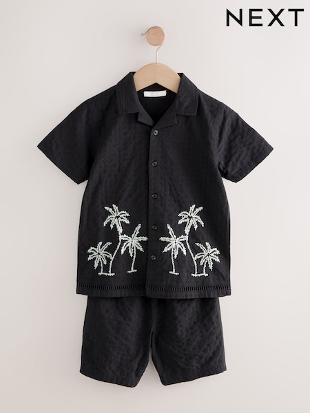 Black Palm Embroidered Short Sleeve Shirt and Shorts Set (3-16yrs) (AB7092) | £23 - £28