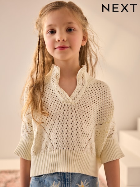 Ecru Short Sleeved Knitted Collar 100% Cotton Jumper (3-16yrs) (AB7182) | £22 - £27