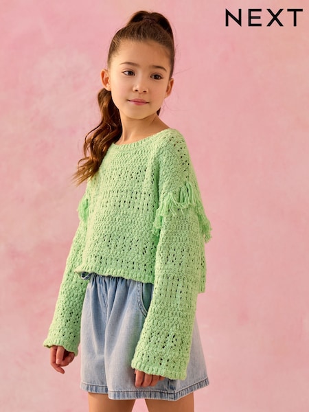 Lime Green Tassle Knitted 100% Cotton Jumper (3-16yrs) (AB7188) | £25 - £30