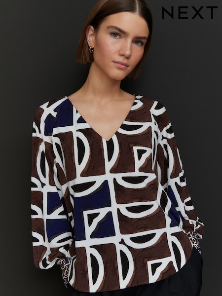 Brown/Navy Print Long Sleeve V-Neck Jersey Blouse (AB7350) | £32