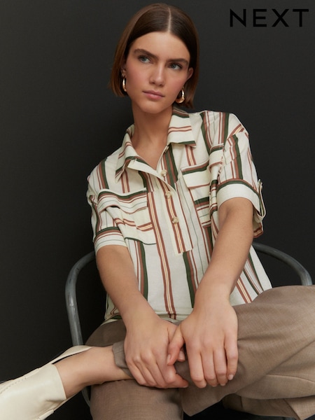 Ecru/Orange Stripe Short Sleeve Boxy Pocket Shirt (AB7354) | £37