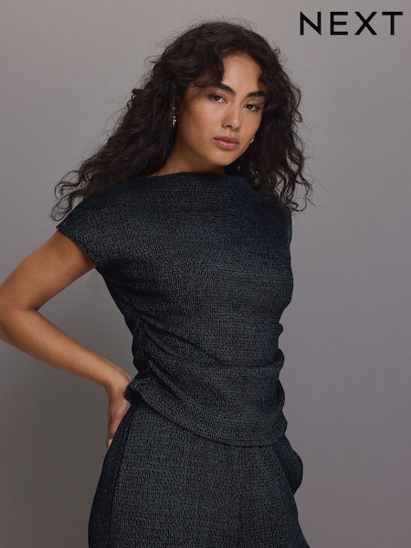 Navy Drape Cowl Neck Texture Top (AB7364) | £26