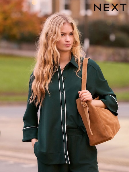 Green Crepe Three Quarter Sleeve Shirt (AB7369) | £32