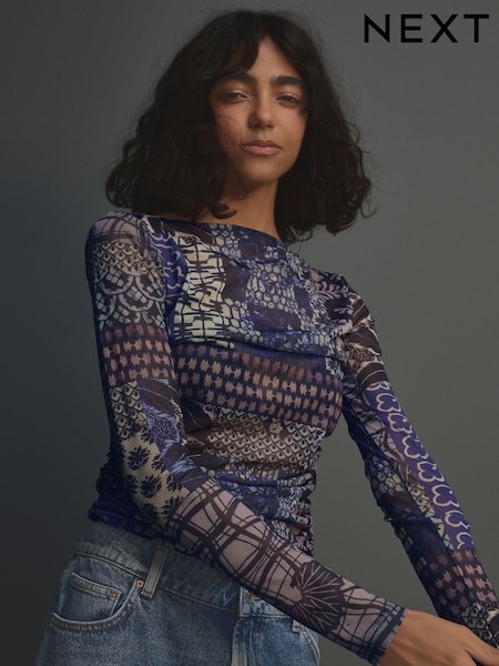 Blue Patch Print Long Sleeve Ruched Side Mesh Top (AB7379) | £24