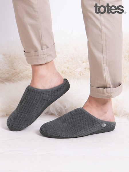 Totes Grey Mens Isotoner Swept Back Popcorn Mule Slippers (AB7393) | £26