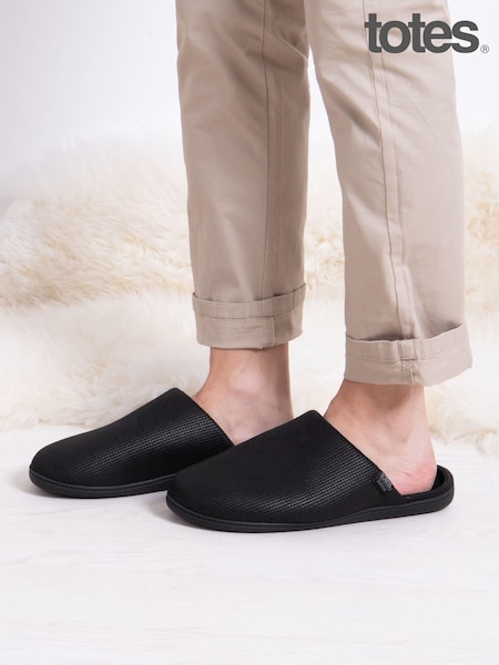 Totes Black Mens Isotoner Square Patterned Smart Mule Slippers (AB7398) | £28