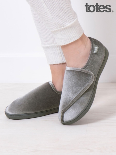 Totes Grey Ladies Isotoner Sparkle Velour Slippers with Velcro Tab (AB7401) | £28