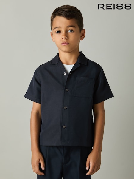 Reiss Navy Japane 9-13 yrs Twill Cuban Collar Shirt (AB7423) | £32
