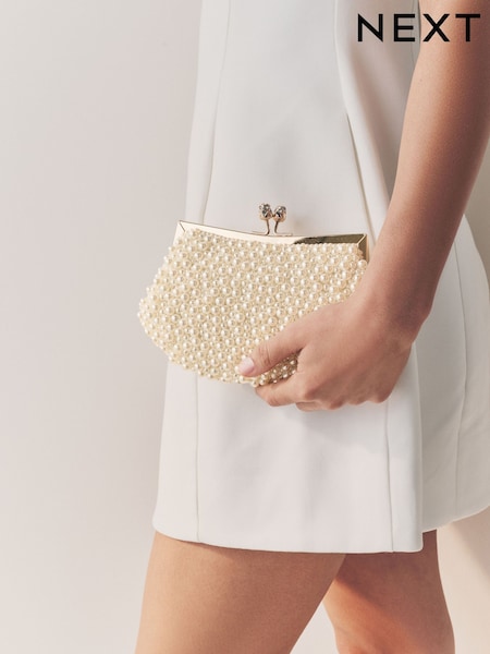 White Faux Pearl Clasp Clutch (AB7745) | £0