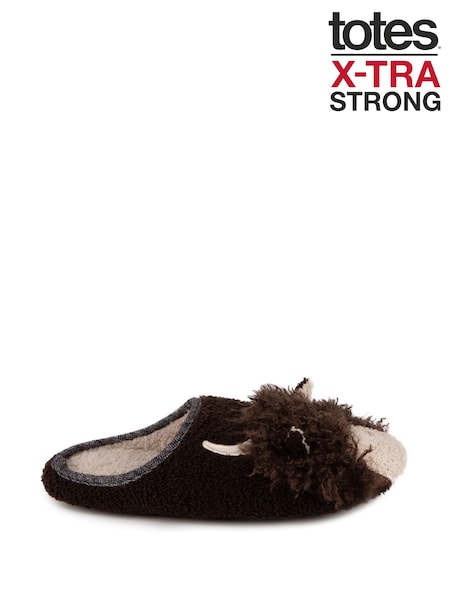 Totes Brown Highland Cow Mens Novelty Winter Mule Slippers (AB7777) | £25