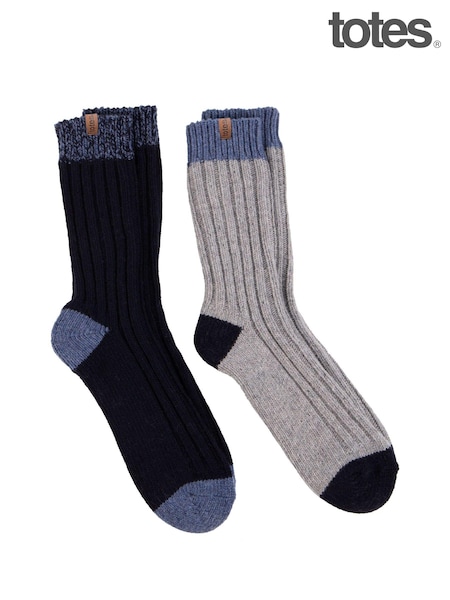 Totes Blue Mens Chunky Twist Wool Blend Winter Boot Socks 2 Pack (AB7778) | £24