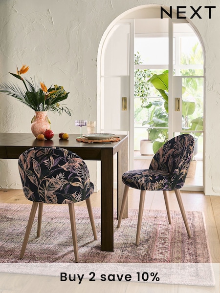 Set of 2 Soft Velvet Floral Dark Blue Newman Dark Wood Leg Dining Chairs (AB7808) | £240