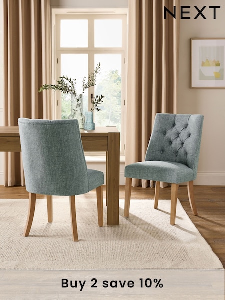 Set of 2 Chunky Weave Mid Blue Wolton Light Wood Leg Collection Luxe Button Dining Chairs (AB7813) | £370