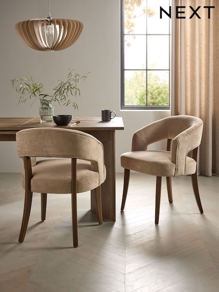Set of 2 Fine Chenille Sand Natural Remi Dark Wood Leg Dining Chairs (AB7819) | £360