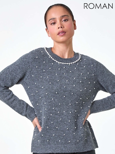 Roman Grey Pearl Embellished High Neck Jumper (AB7881) | £38