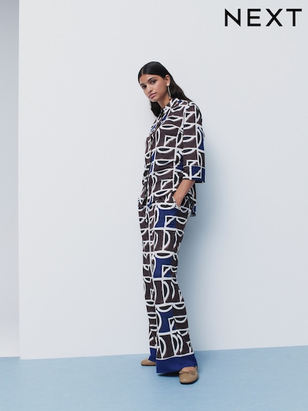 Blue/Brown Geo Print Wide Leg Jersey Trousers (AB8251) | £36