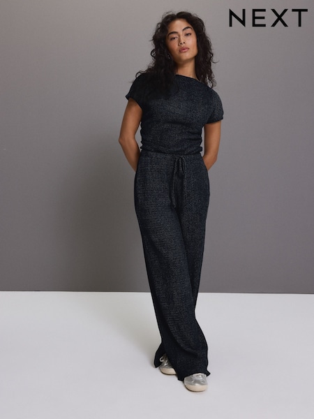 Navy Wide Leg Drawstring Textured Trousers (AB8253) | £36