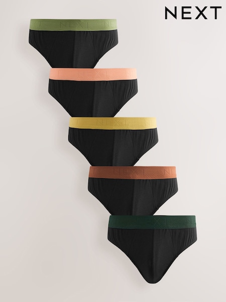 Black Green/Rust Textured Waistband 5 Pack Cotton Rich Briefs (AB8433) | £25