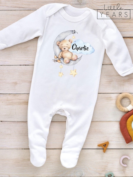 Little Years Personalised Moon And Stars 100% Cotton White Sleepsuit (AB8609) | £16
