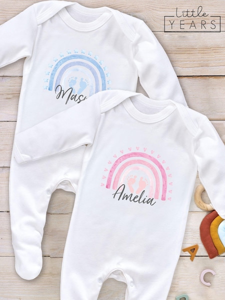 Little Years Personalised Rainbow And Tiny Feet White Sleepsuit (AB8700) | £16