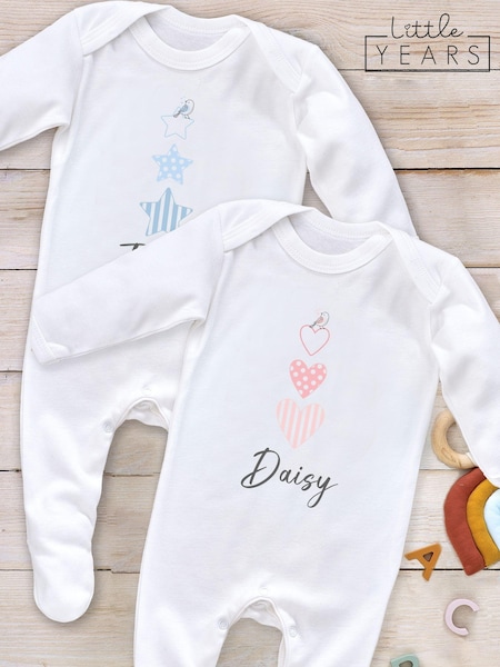 Little Years Babys Personalised Stars And Hearts White Sleepsuit (AB8708) | £16