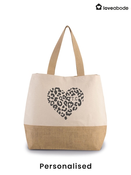 Loveabode Natural Personalised Leopard Print Heart & Initial Jute 100% Cotton Bag (AB8734) | £20