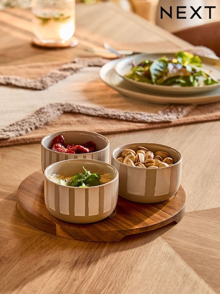 Set of 3 Natural Stripe Ceramic Dip Set with Tray (AB8747) | £22