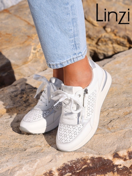 Linzi White Daisie Laser Cut Trainers With Zip Detail (AB8982) | £40