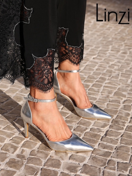 Linzi Silver Thea Closed Back Stiletto Court Heels With Ankle Strap (AB8996) | £38