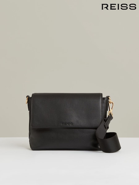 Reiss Black Selena Leather Flap Crossbody Bag (AB9314) | £148