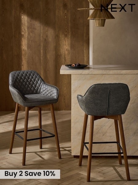 Monza Faux Leather Dark Grey Hamilton Mid Wood Leg Fixed Height Quilted Kitchen Bar Stool (AB9453) | £180