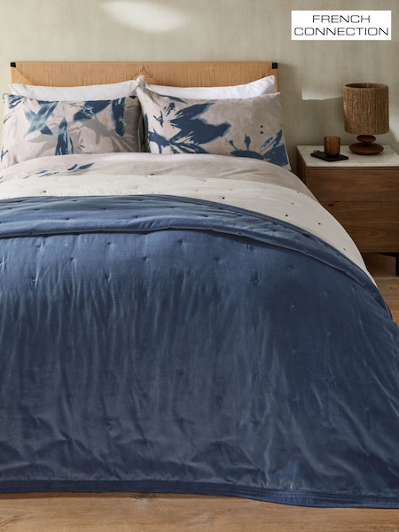 French Connection Indigo Blue Washed Velvet Bedspread (AB9993) | £125 - £175
